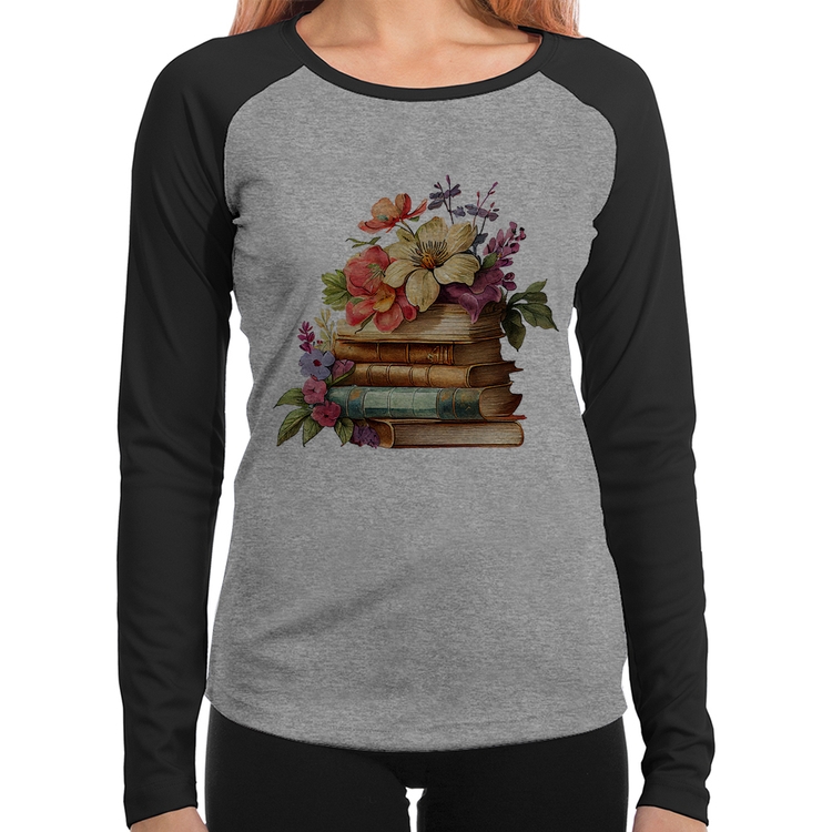 Baby Look Raglan Livros e Flores Vintage Manga Longa - Cinza/Preto