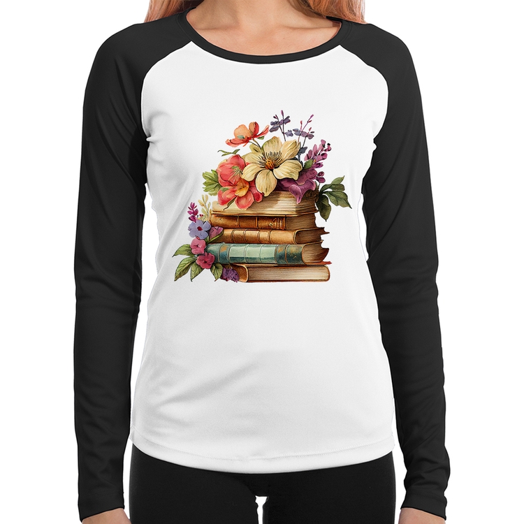 Baby Look Raglan Livros e Flores Vintage Manga Longa