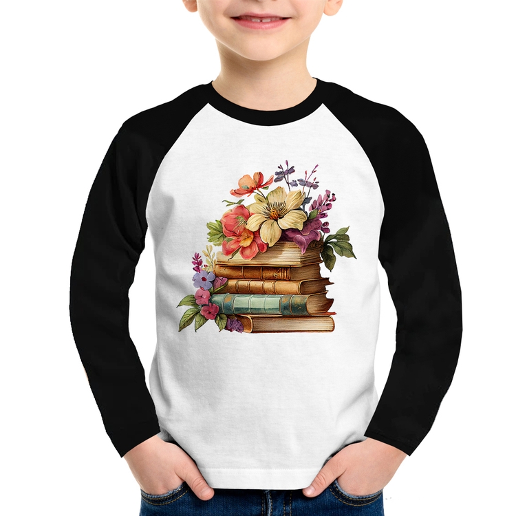 Camiseta Raglan Infantil Livros e Flores Vintage Manga Longa