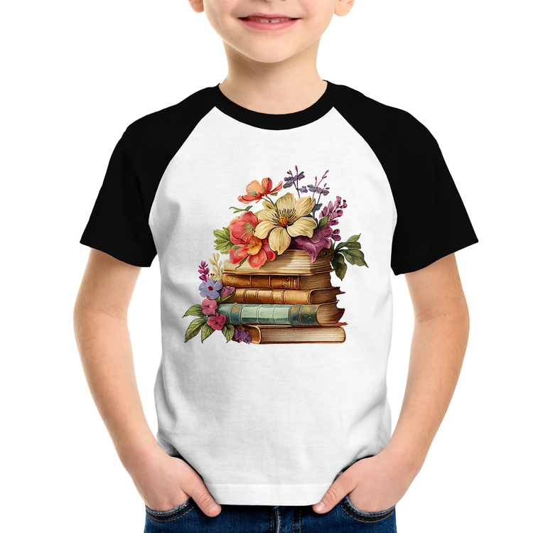 Camiseta Raglan Infantil Livros e Flores Vintage