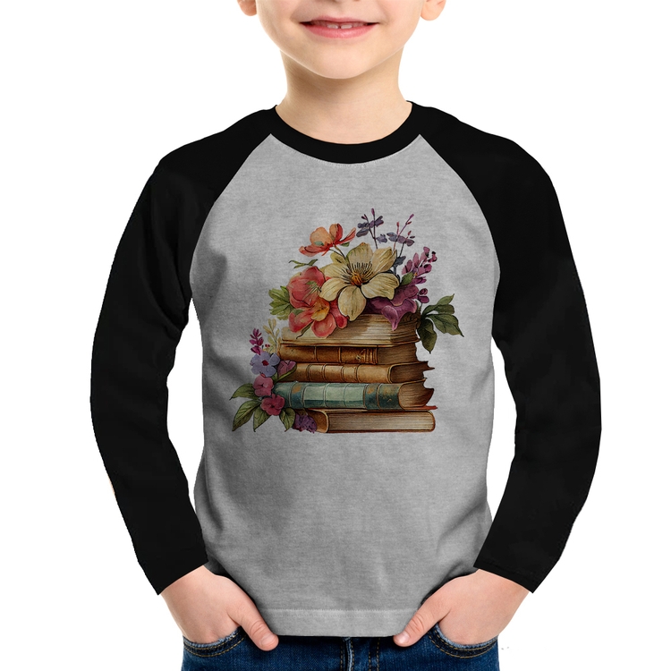Camiseta Raglan Infantil Livros e Flores Vintage Manga Longa - Cinza/Preto