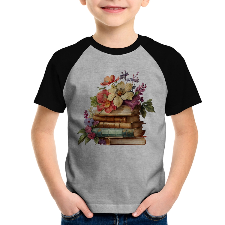 Camiseta Raglan Infantil Livros e Flores Vintage - Cinza/Preto