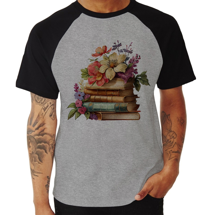 Camiseta Raglan Livros e Flores Vintage - Cinza/Preto