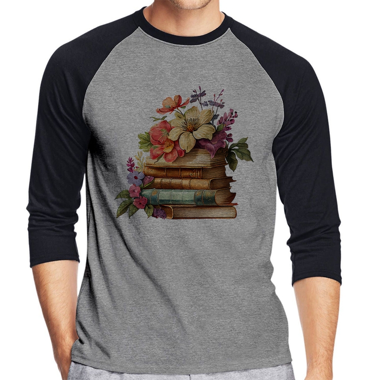 Camiseta Raglan Livros e Flores Vintage Manga 3/4 - Cinza/Preto