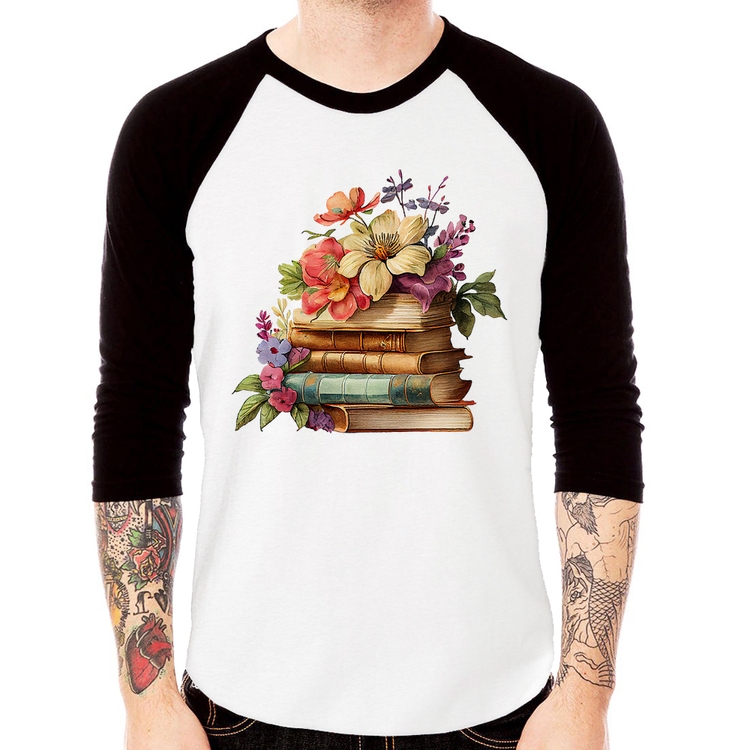 Camiseta Raglan Livros e Flores Vintage Manga 3/4