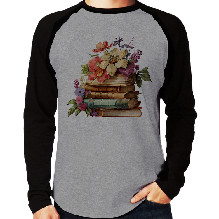 Camiseta Raglan Livros e Flores Vintage Manga Longa - Cinza/Preto