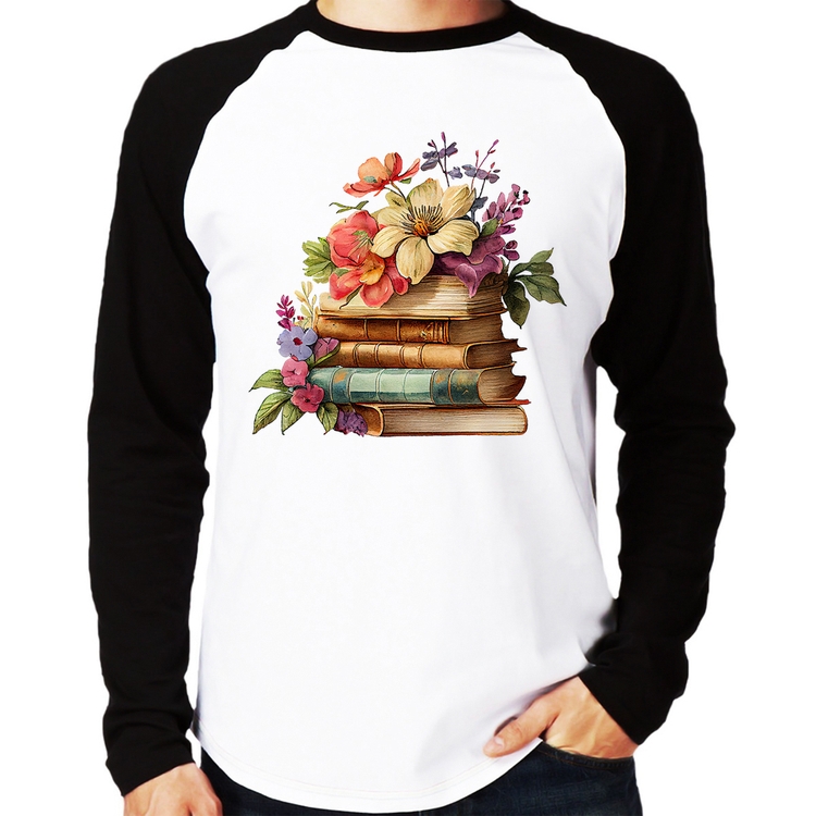 Camiseta Raglan Livros e Flores Vintage Manga Longa