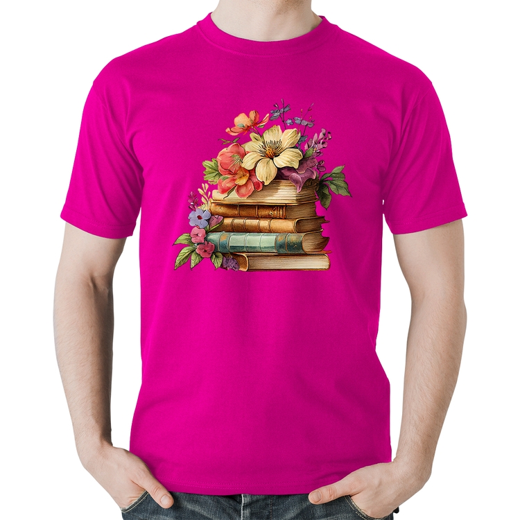 Camiseta Algodão Livros e Flores Vintage - Rosa