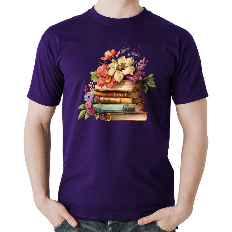 Camiseta Algodão Livros e Flores Vintage - Roxa