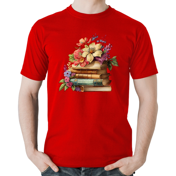 Camiseta Algodão Livros e Flores Vintage - Vermelha