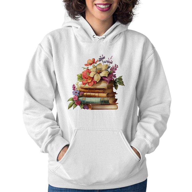 Moletom Feminino Livros e Flores Vintage - Branco