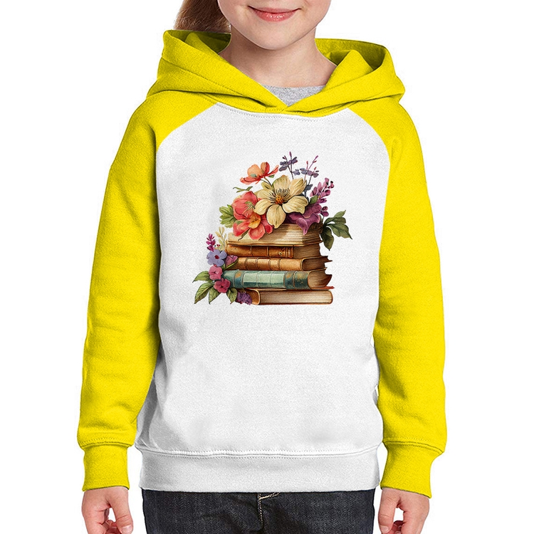 Moletom Infantil Livros e Flores Vintage - Branco/Amarelo