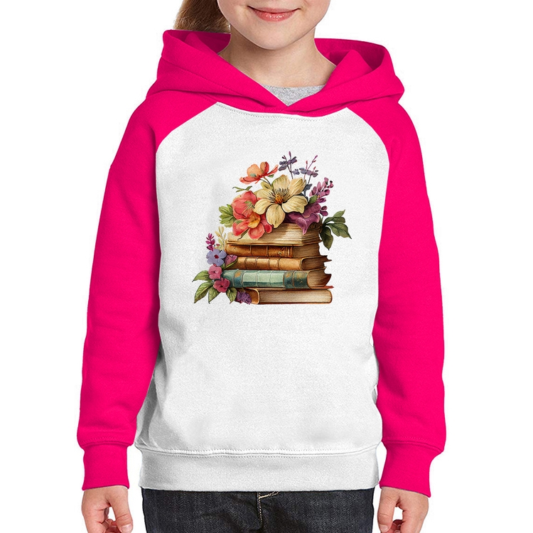Moletom Infantil Livros e Flores Vintage - Branco/Rosa