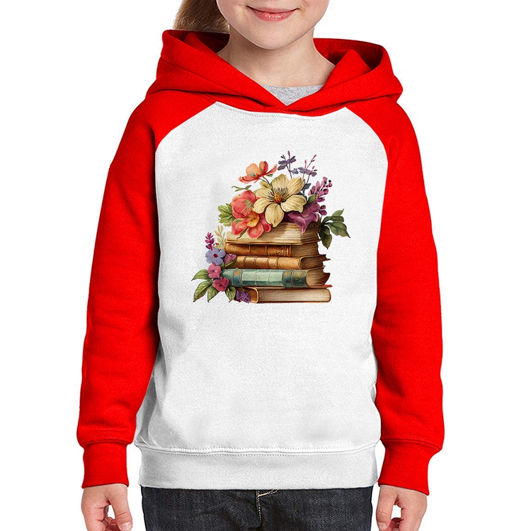 Moletom Infantil Livros e Flores Vintage - Branco/Vermelho