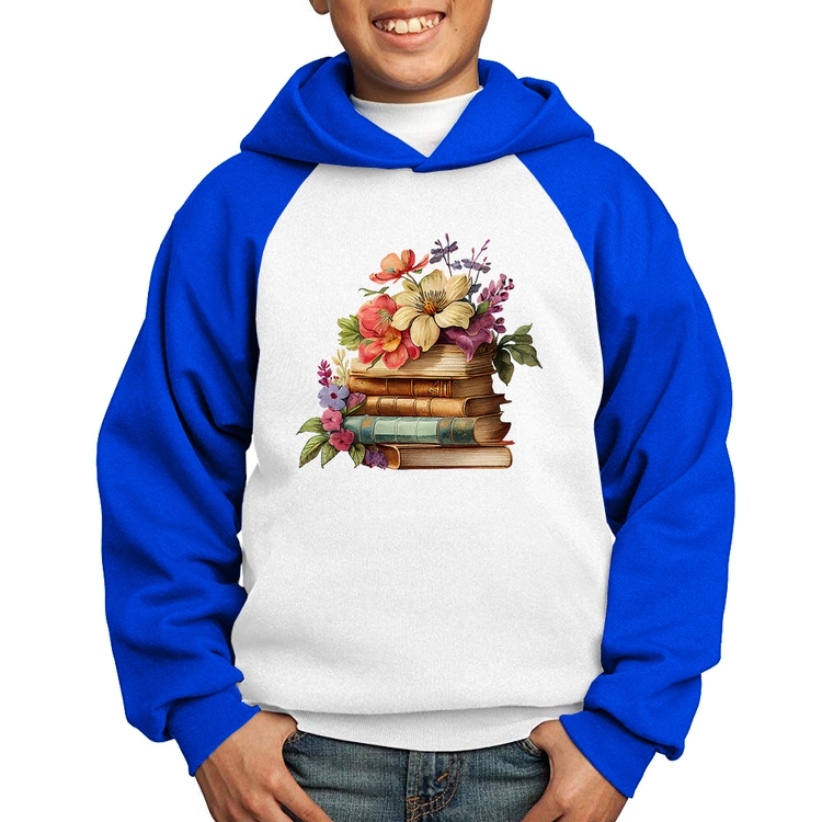 Moletom Infantil Livros e Flores Vintage - Branco/Azul