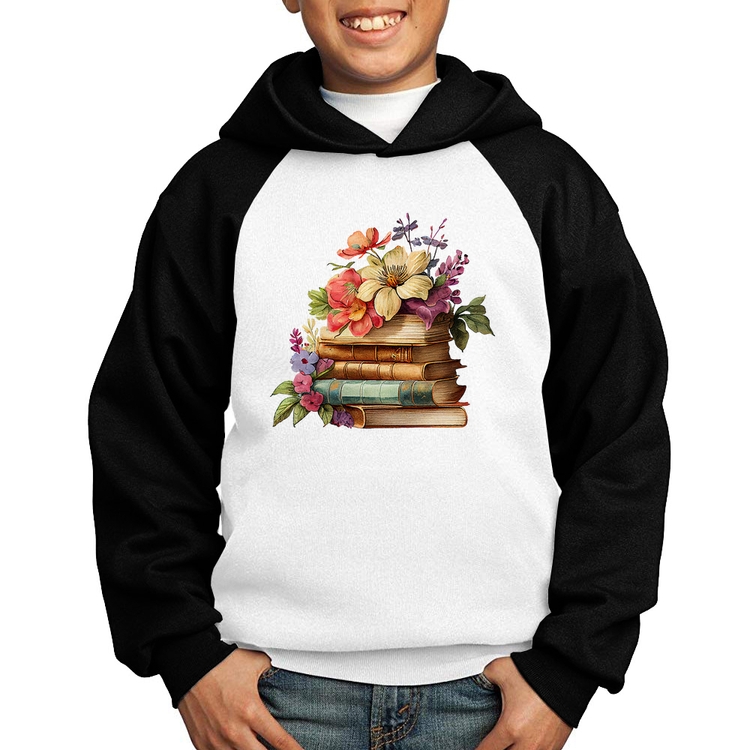 Moletom Infantil Livros e Flores Vintage - Branco/Preto