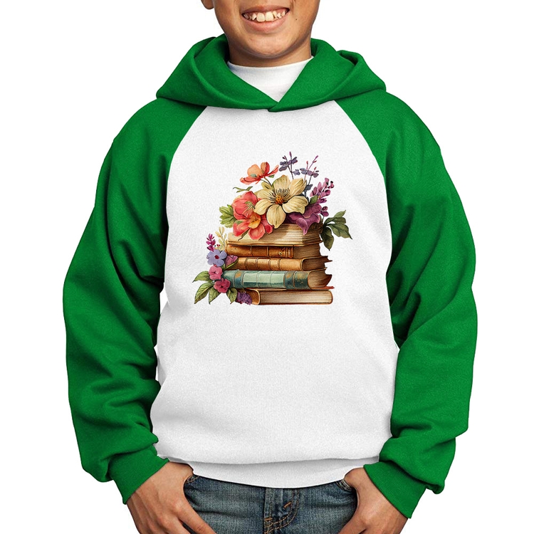 Moletom Infantil Livros e Flores Vintage - Branco/Verde