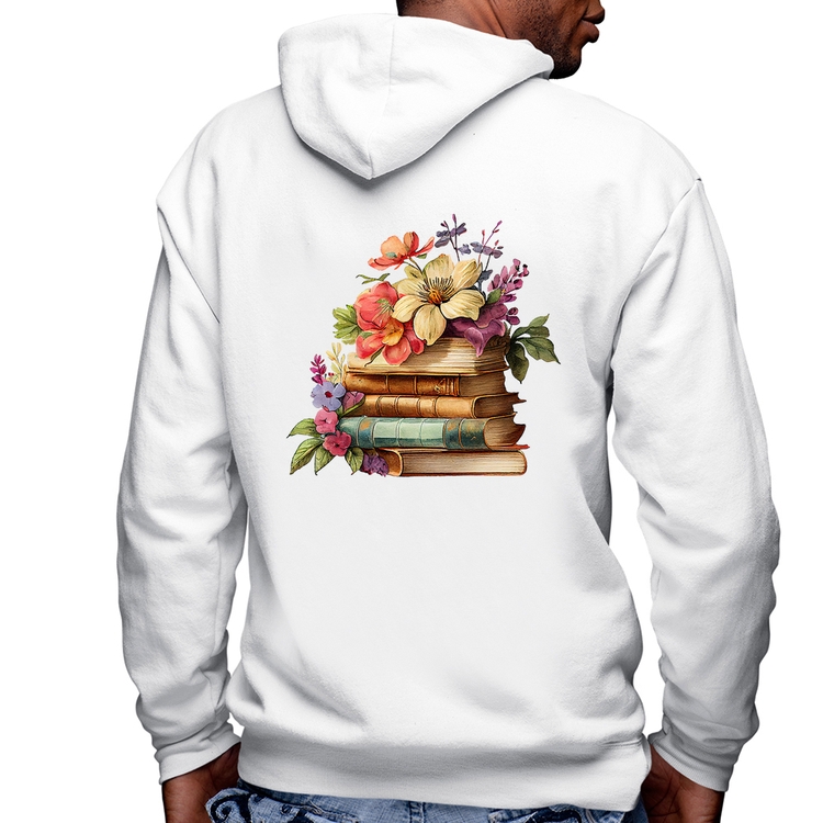 Blusa Moletom Livros e Flores Vintage Masculina com Capuz e Zíper - Branca