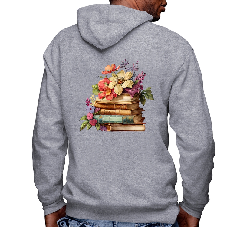 Blusa Moletom Livros e Flores Vintage Masculina com Capuz e Zíper - Mescla