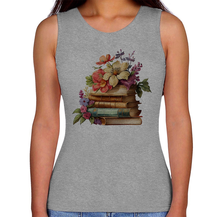 Regata Feminina Livros e Flores Vintage - Cinza