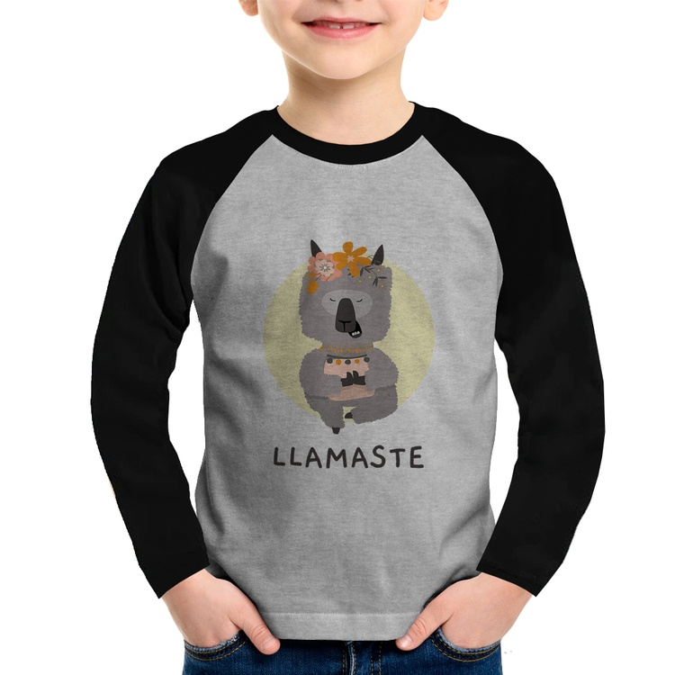 Camiseta Raglan Infantil Llamastê Manga Longa - Cinza/Preto