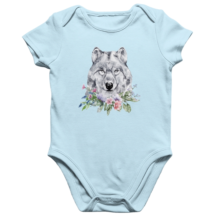 Body Bebê Algodão Lobo e Flores - Azul Bebê