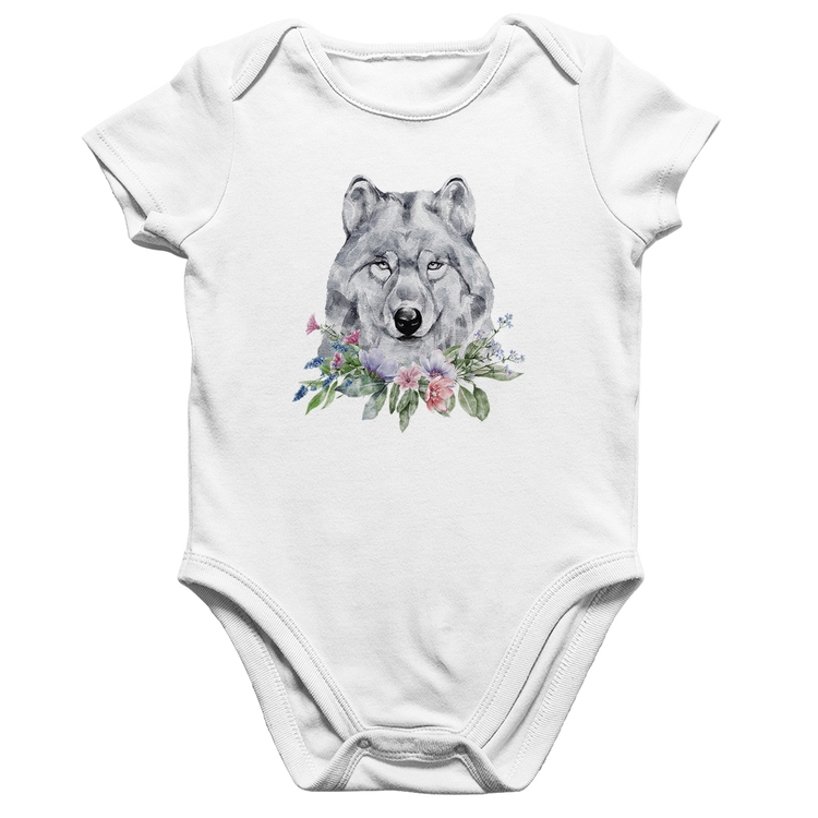 Body Bebê Algodão Lobo e Flores - Branco