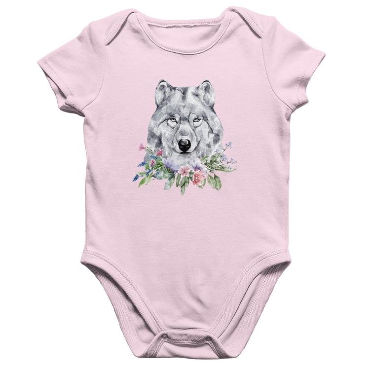 Body Bebê Algodão Lobo e Flores - Rosa Bebê