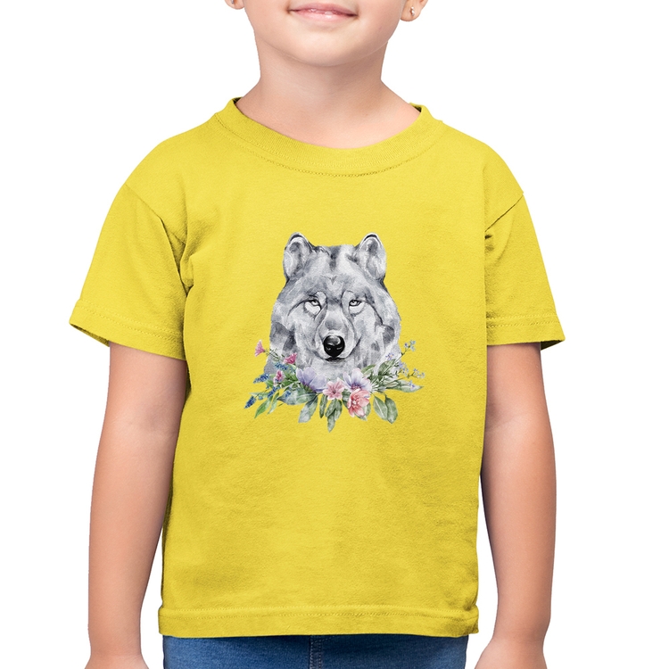 Camiseta Algodão Infantil Lobo e Flores - Amarelo Canário