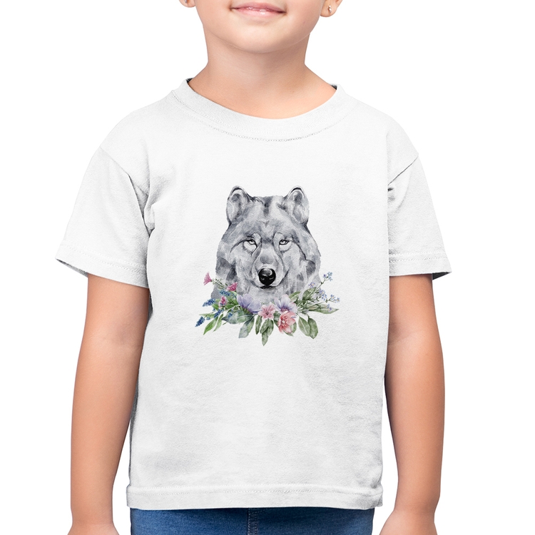 Camiseta Algodão Infantil Lobo e Flores - Branca