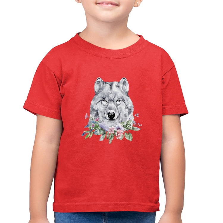 Camiseta Algodão Infantil Lobo e Flores - Vermelha