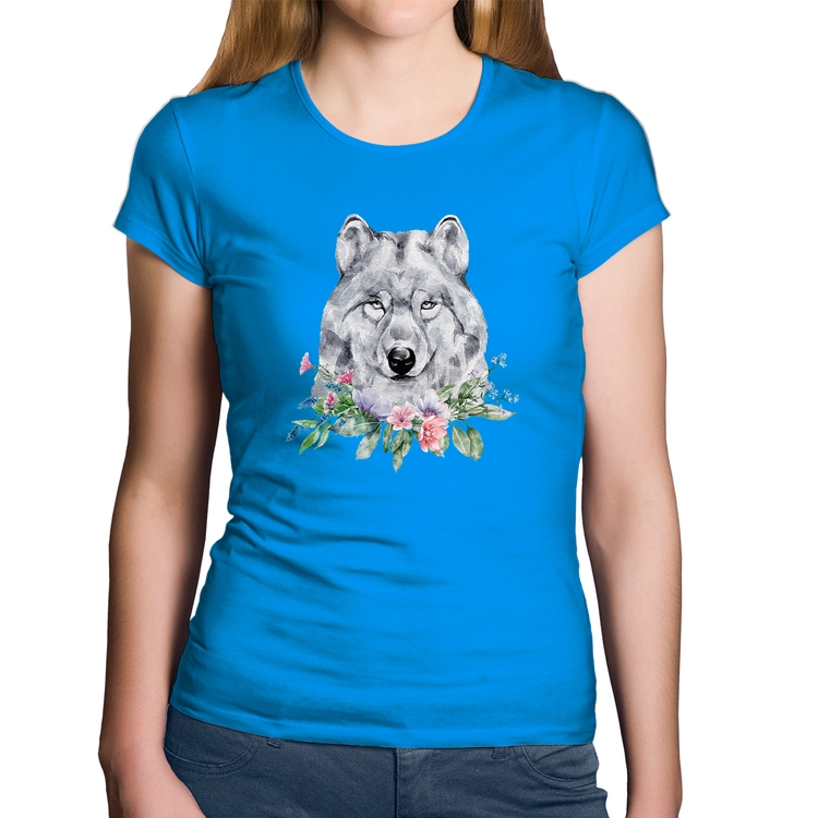 Baby Look Algodão Lobo e Flores - Azul