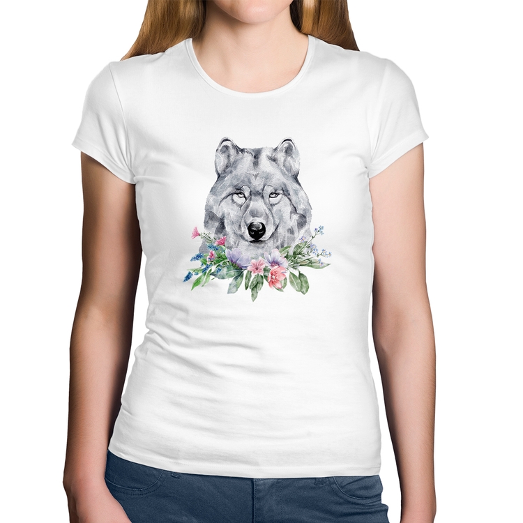 Baby Look Algodão Lobo e Flores - Branca