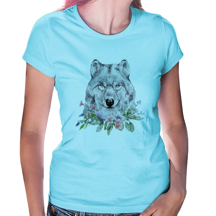 Baby Look Lobo e Flores - Azul Bebê