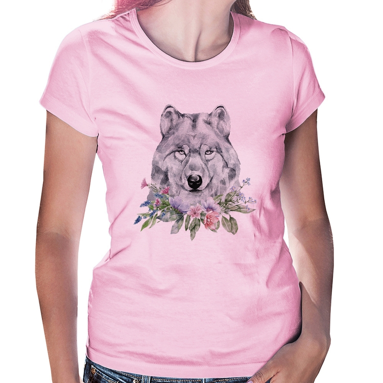 Baby Look Lobo e Flores - Rosa Bebê