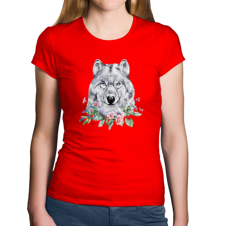 Baby Look Algodão Lobo e Flores - Vermelha