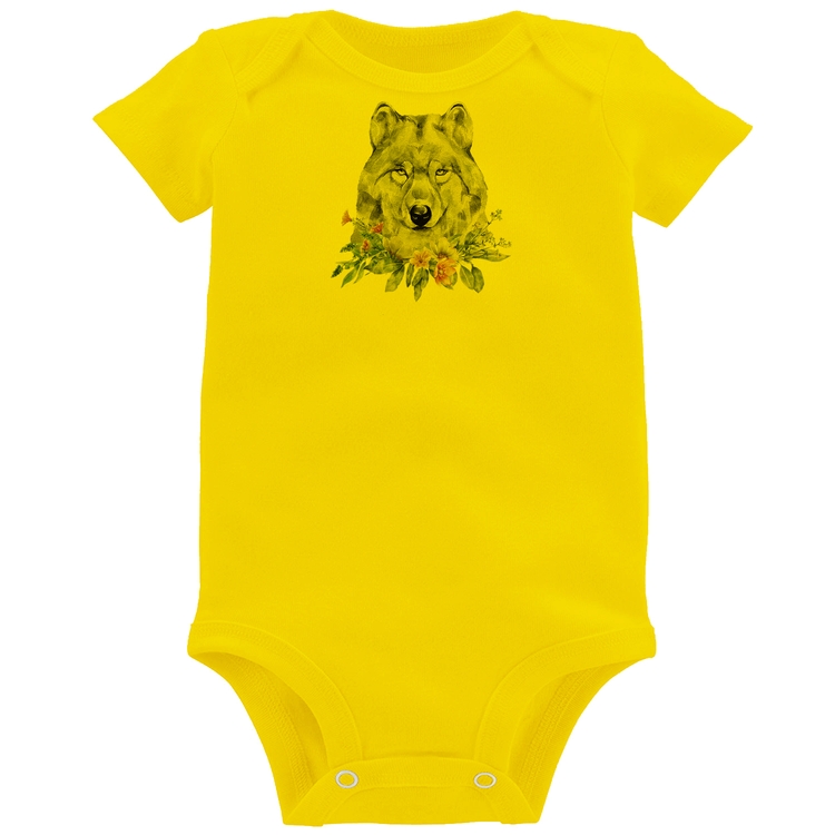 Body Bebê Lobo e Flores - Amarelo