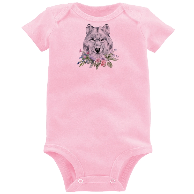Body Bebê Lobo e Flores - Rosa Bebê
