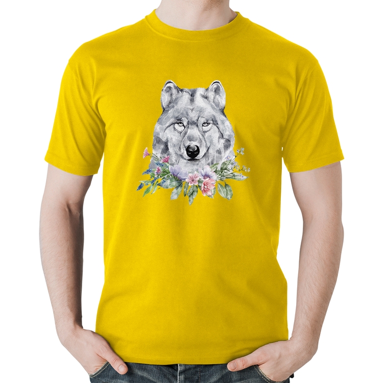 Camiseta Algodão Lobo e Flores - Amarela