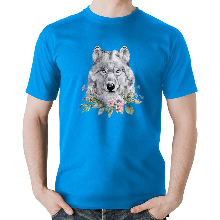 Camiseta Algodão Lobo e Flores - Azul