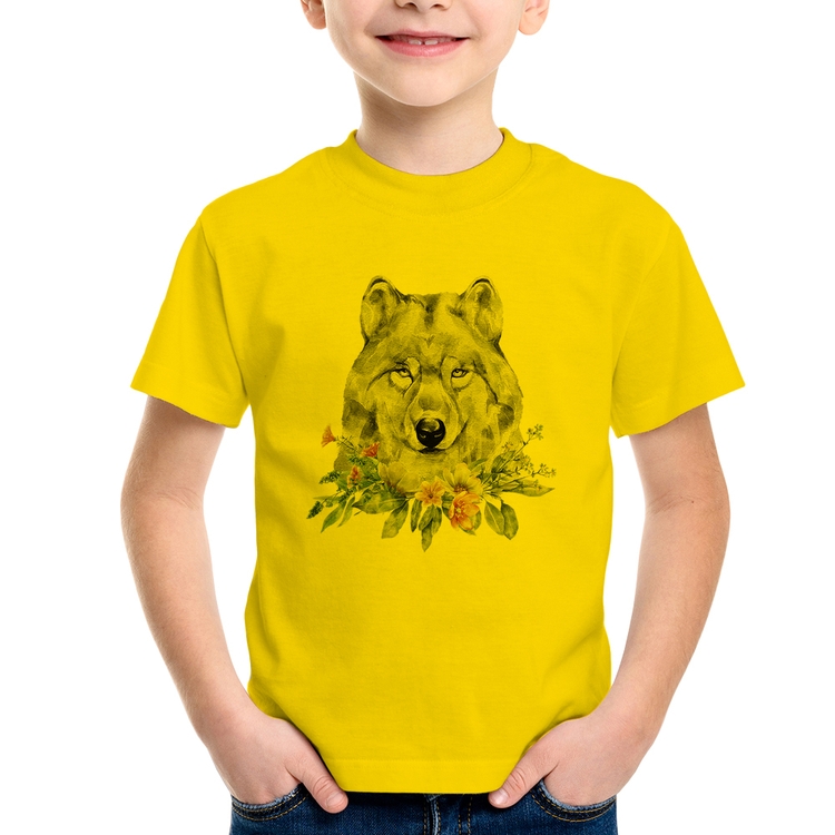 Camiseta Infantil Lobo e Flores - Amarela