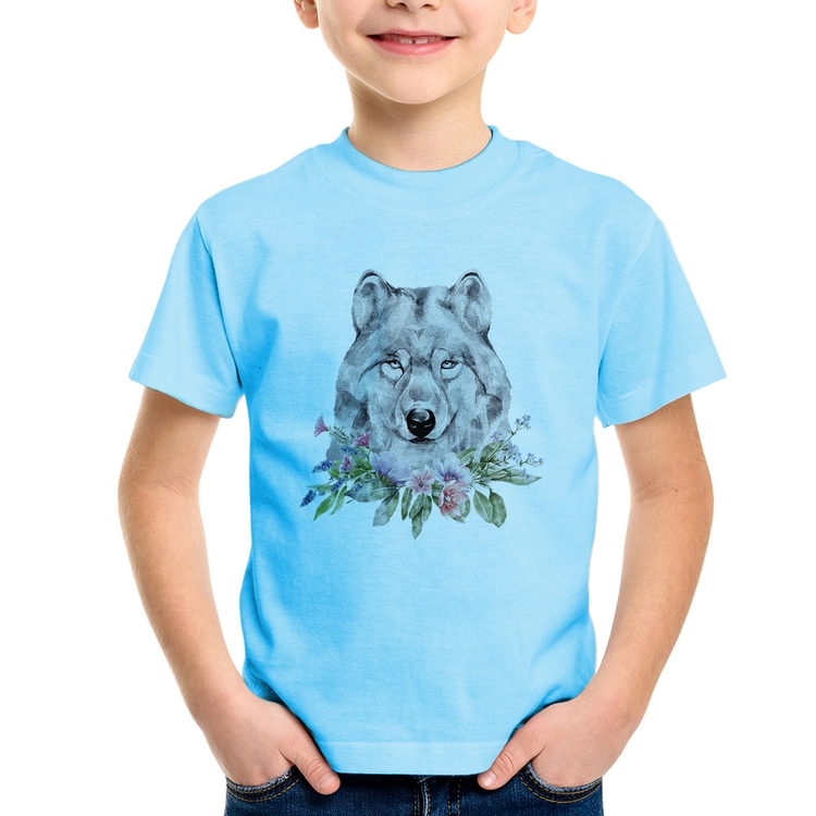 Camiseta Infantil Lobo e Flores - Azul Bebê