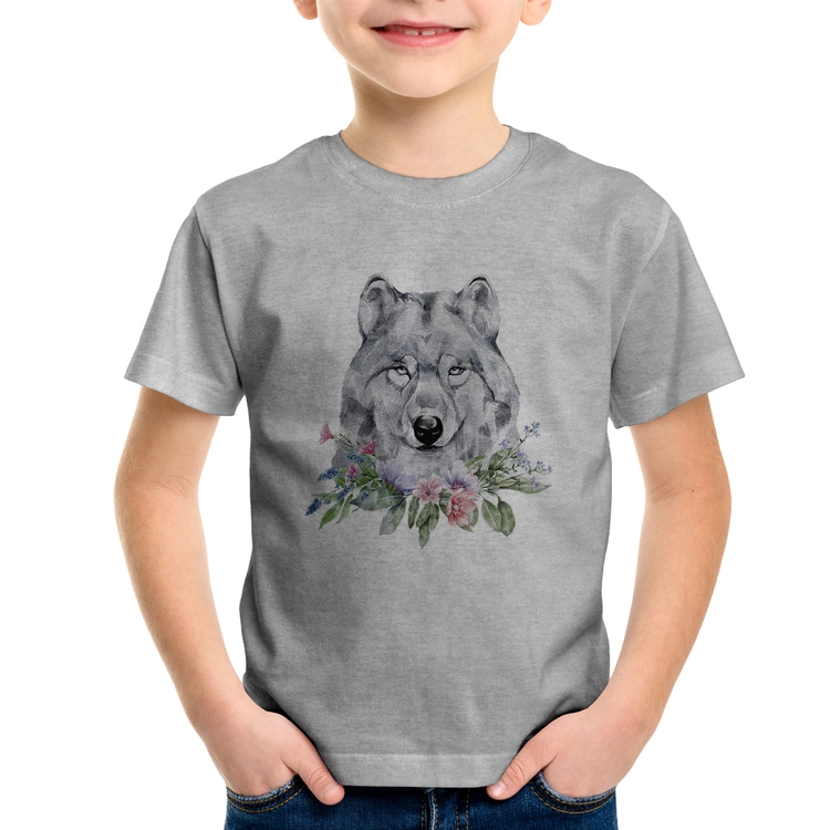 Camiseta Infantil Lobo e Flores - Cinza