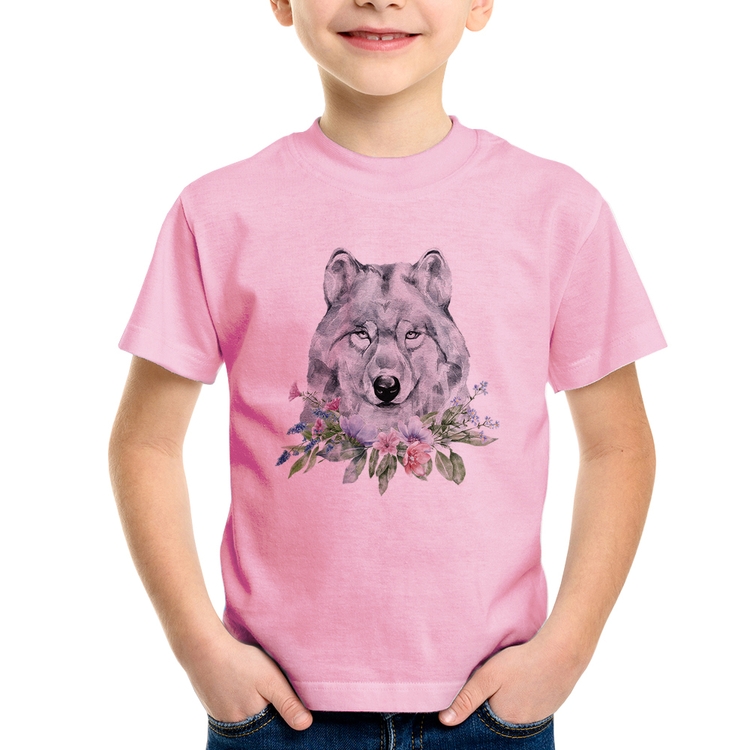 Camiseta Infantil Lobo e Flores - Rosa Bebê