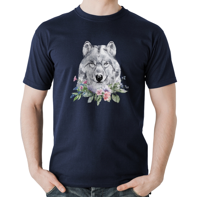 Camiseta Algodão Lobo e Flores - Marinho