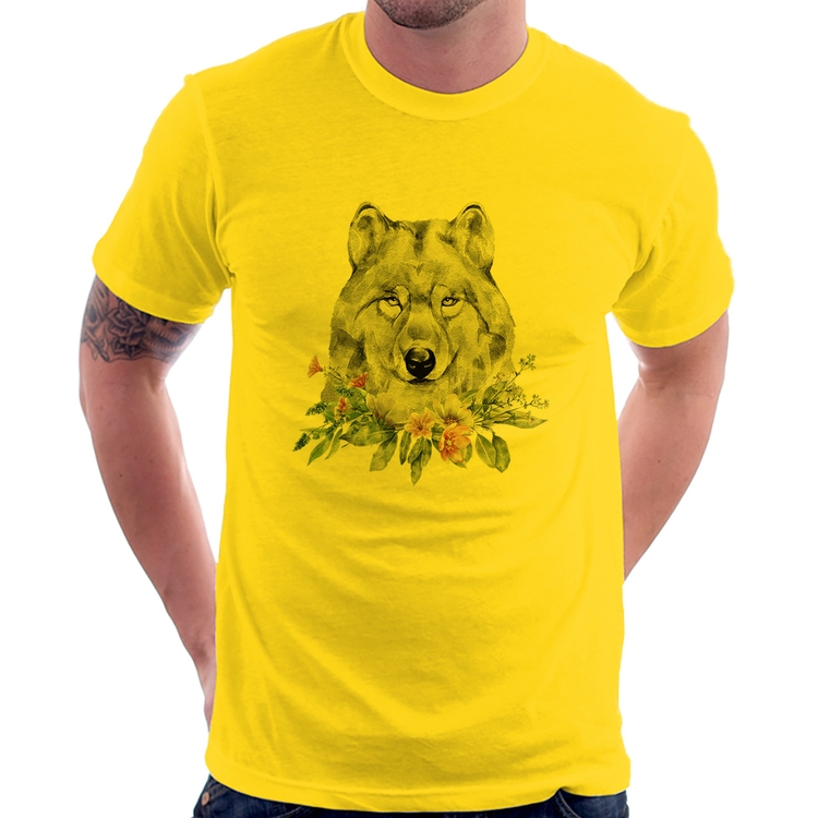 Camiseta Lobo e Flores - Amarela