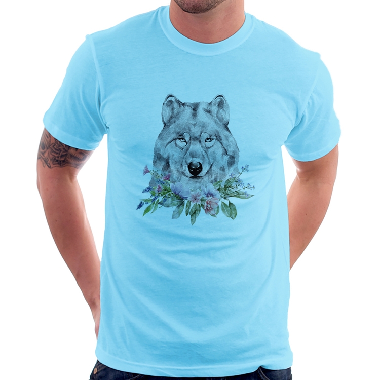 Camiseta Lobo e Flores - Azul Bebê