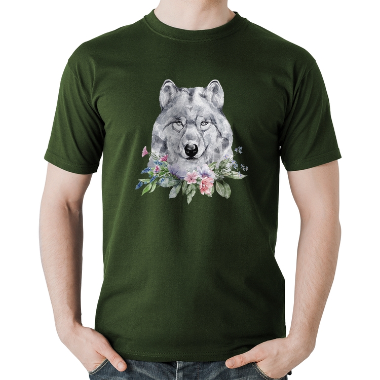 Camiseta Algodão Lobo e Flores - Musgo