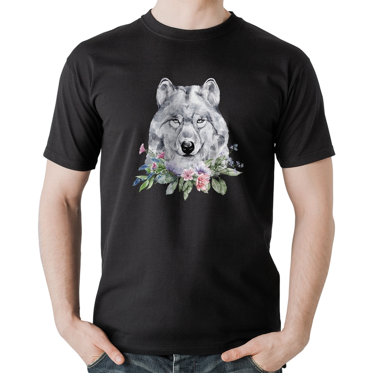 Camiseta Algodão Lobo e Flores