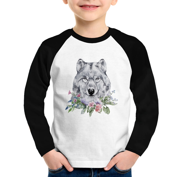 Camiseta Raglan Infantil Lobo e Flores Manga Longa